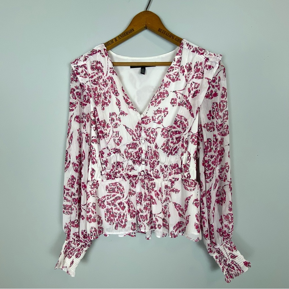 White House Black Market Womens Floral Long Sleeve Boho Style Top Size XS